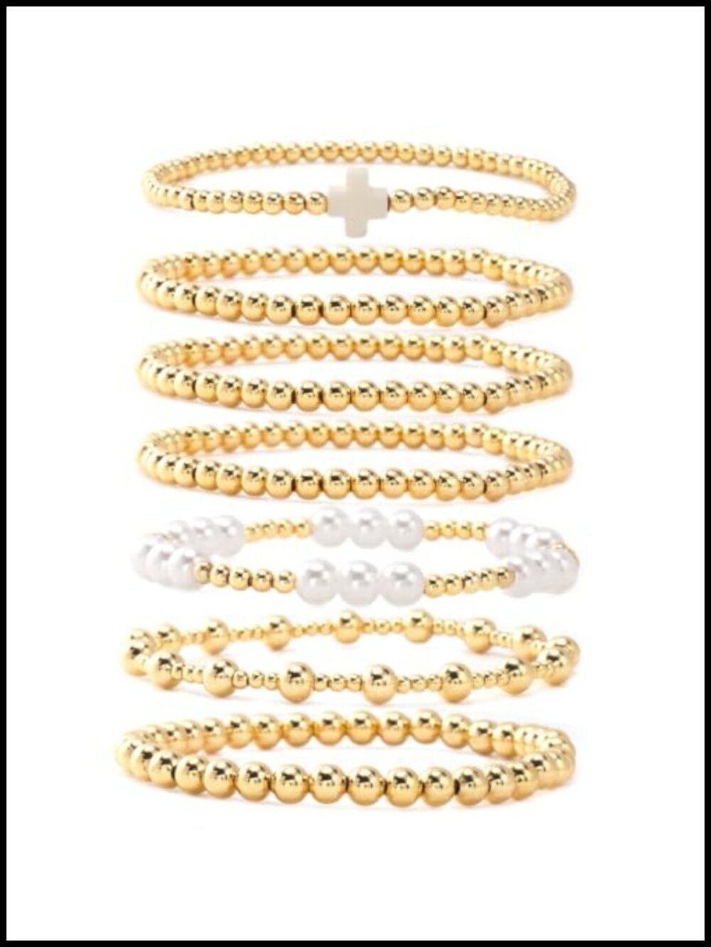 Boho Cross Beaded Stretch Bracelet Set 14K Gold Plated Waterproof Stackable